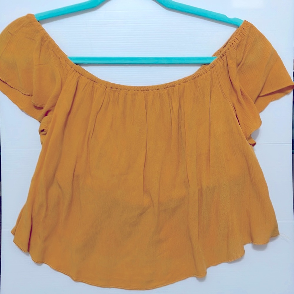 Mustard, yellow off the shoulder blouse